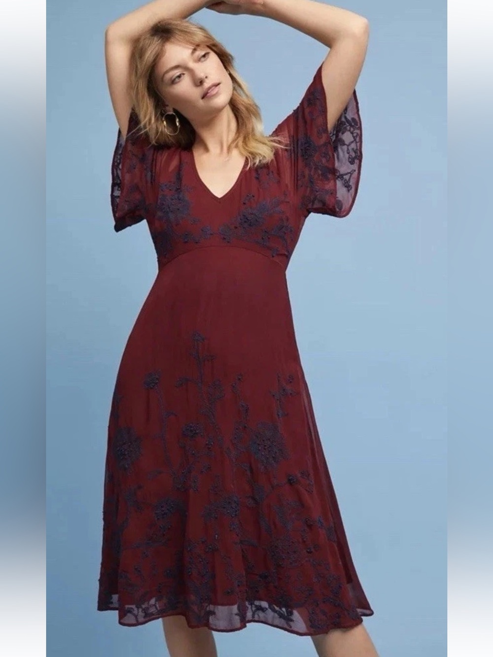Maeve Burgundy Midi Dress with Navy Floral Embroidery